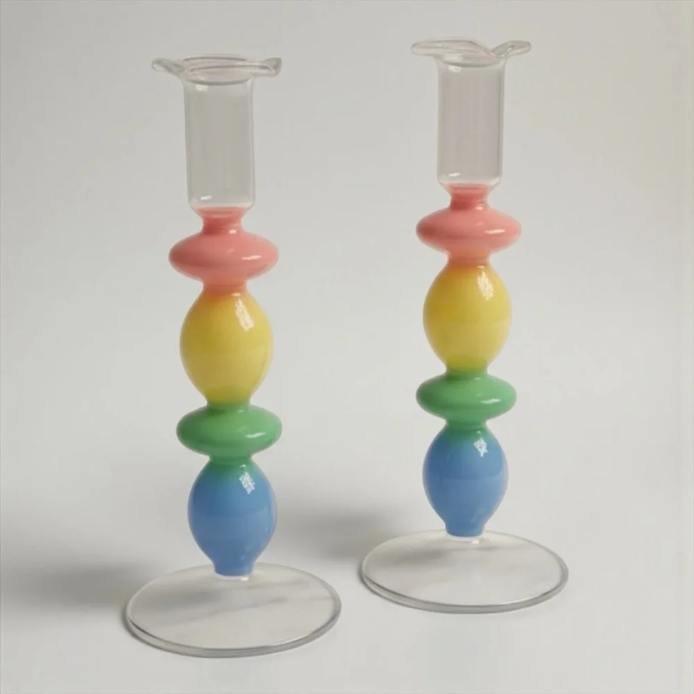 Pastel Glass Candlestick Holders Set of 2 | Colorful Bubble Taper Candle Sticks